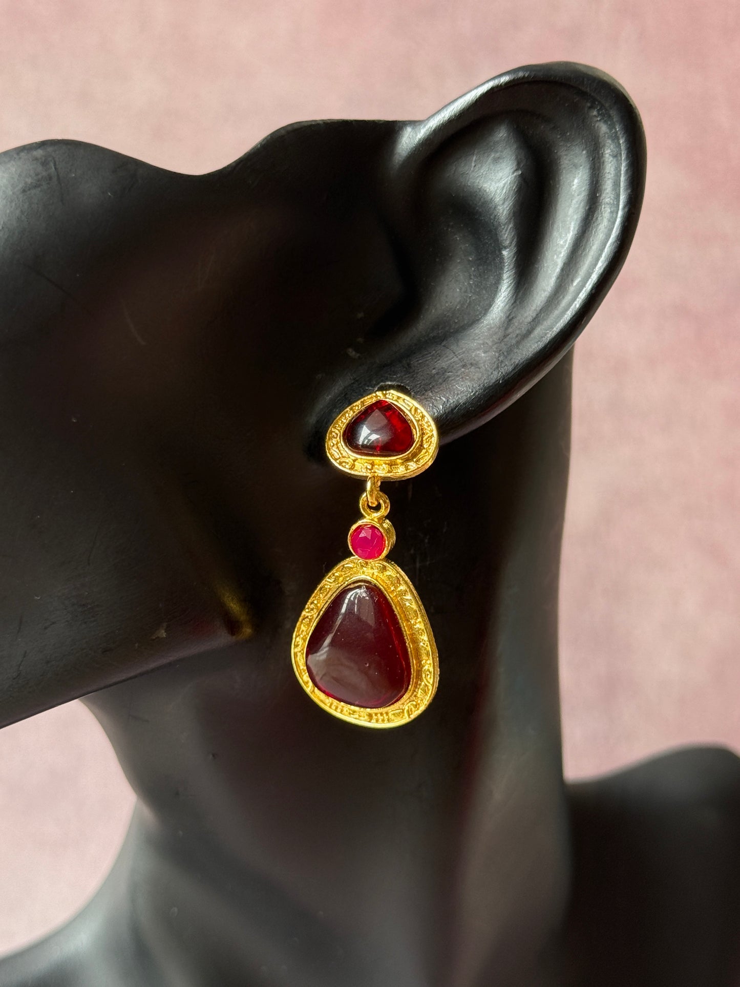 Statement Golden Earrings with Triple Monalisa Stones