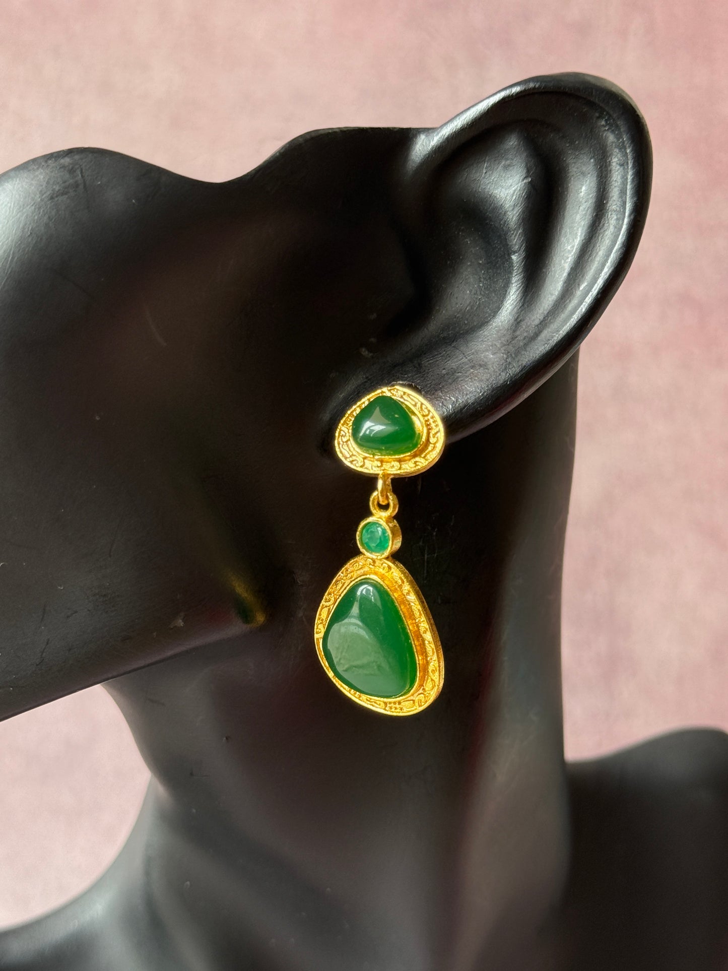 Statement Golden Earrings with Triple Monalisa Stones