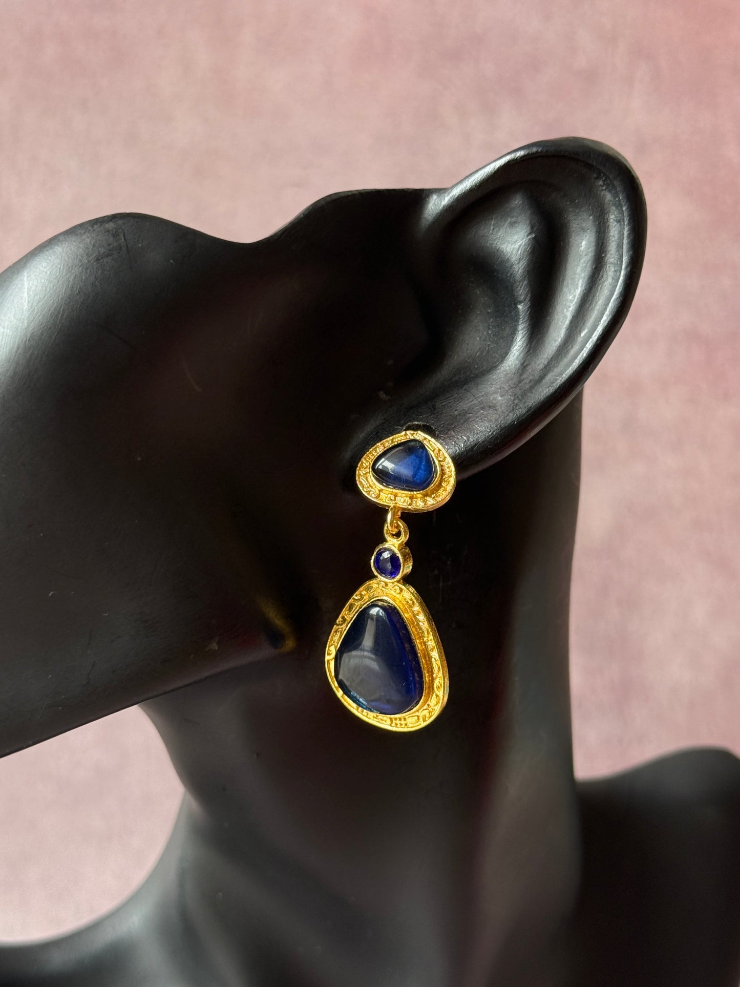 Statement Golden Earrings with Triple Monalisa Stones