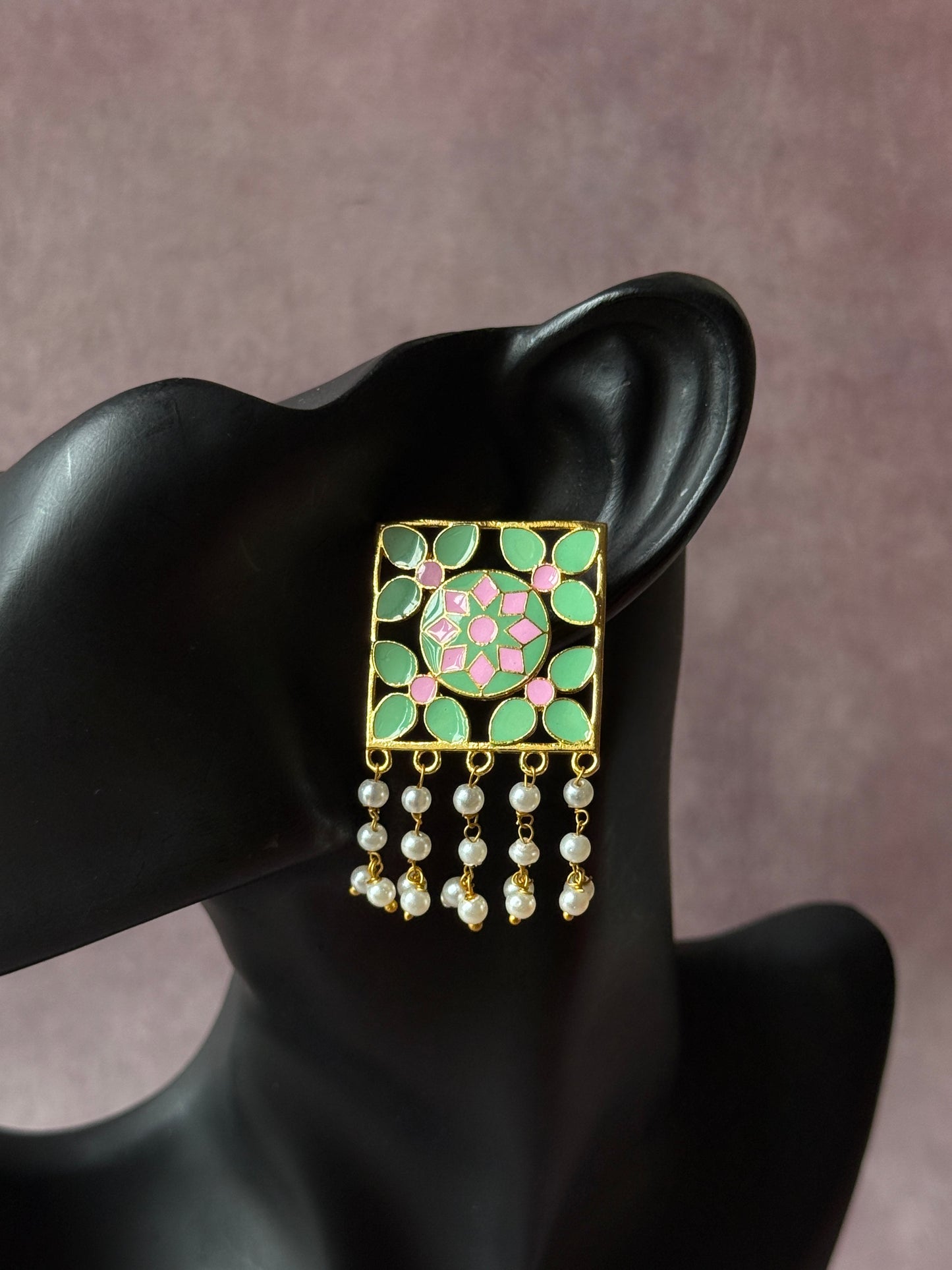 Hand-Painted Golden Square Earrings for Women