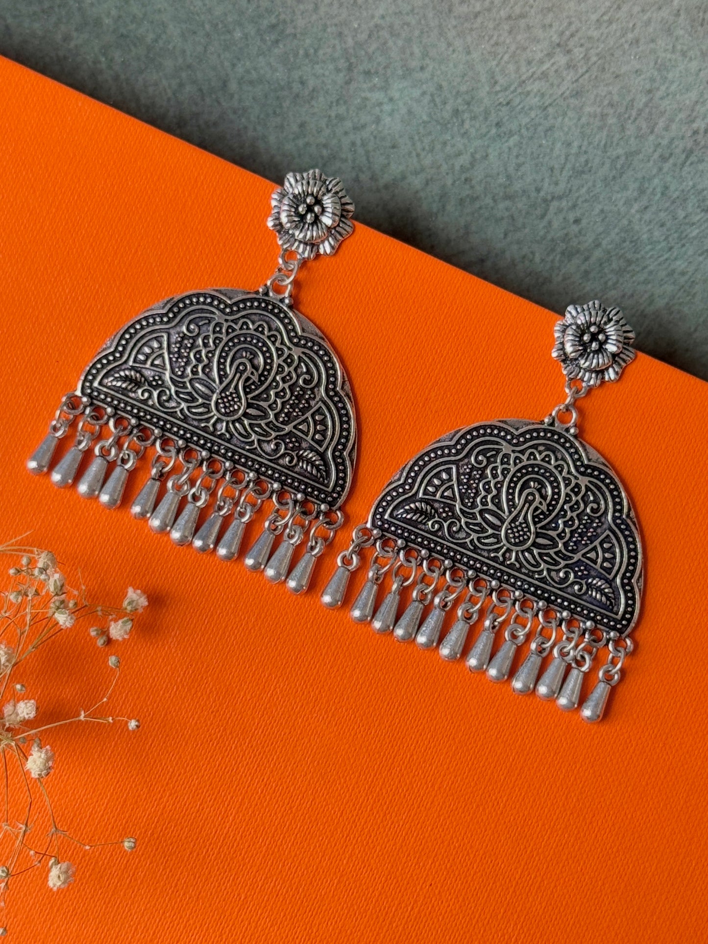 Dangling Peacock Engraved Oxidised Earrings for Women