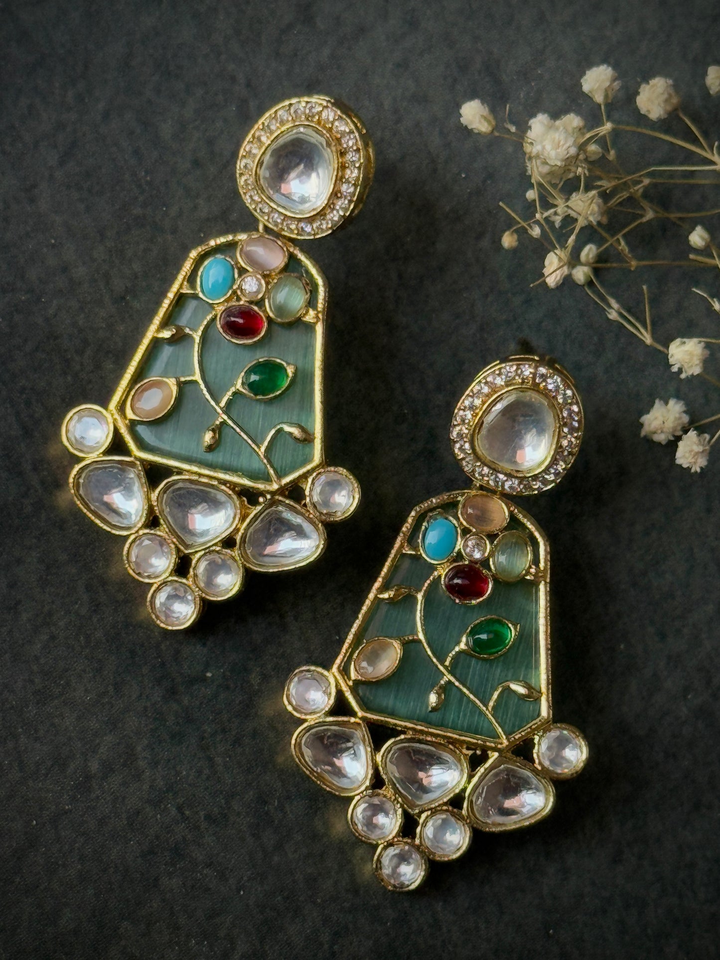 Monzonite Stone Embedded Golden Earrings for Women