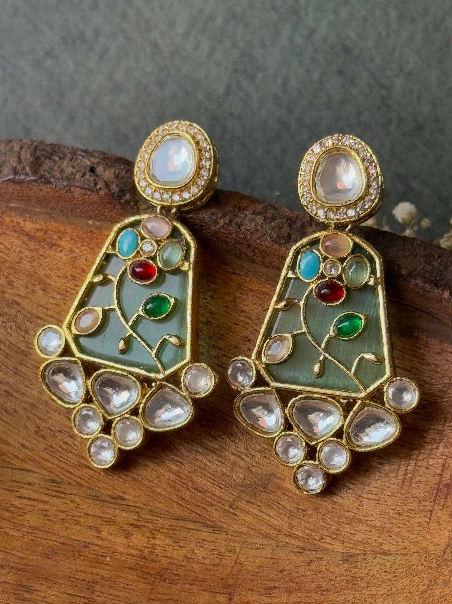 Monzonite Stone Embedded Golden Earrings for Women