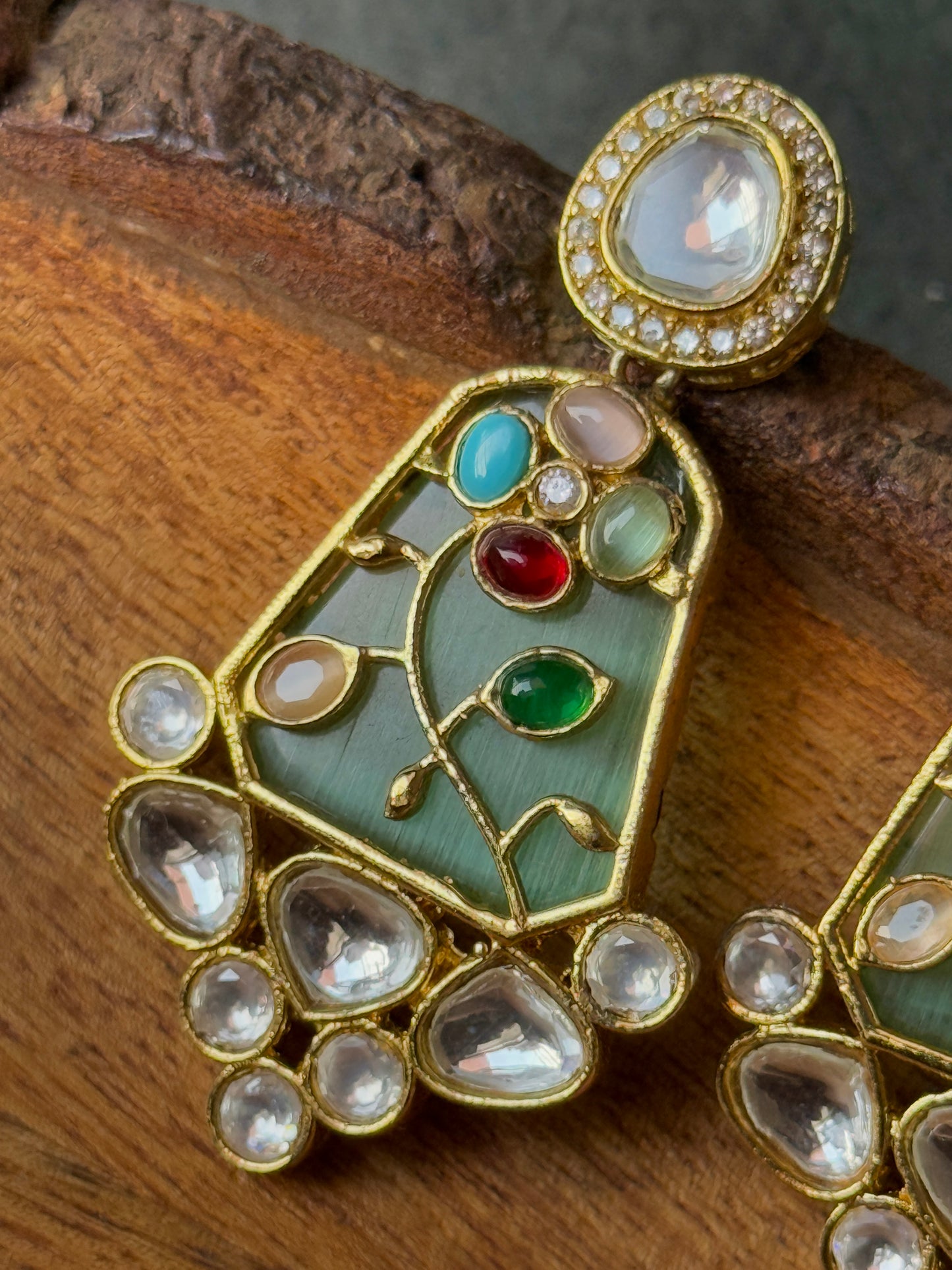 Monzonite Stone Embedded Golden Earrings for Women