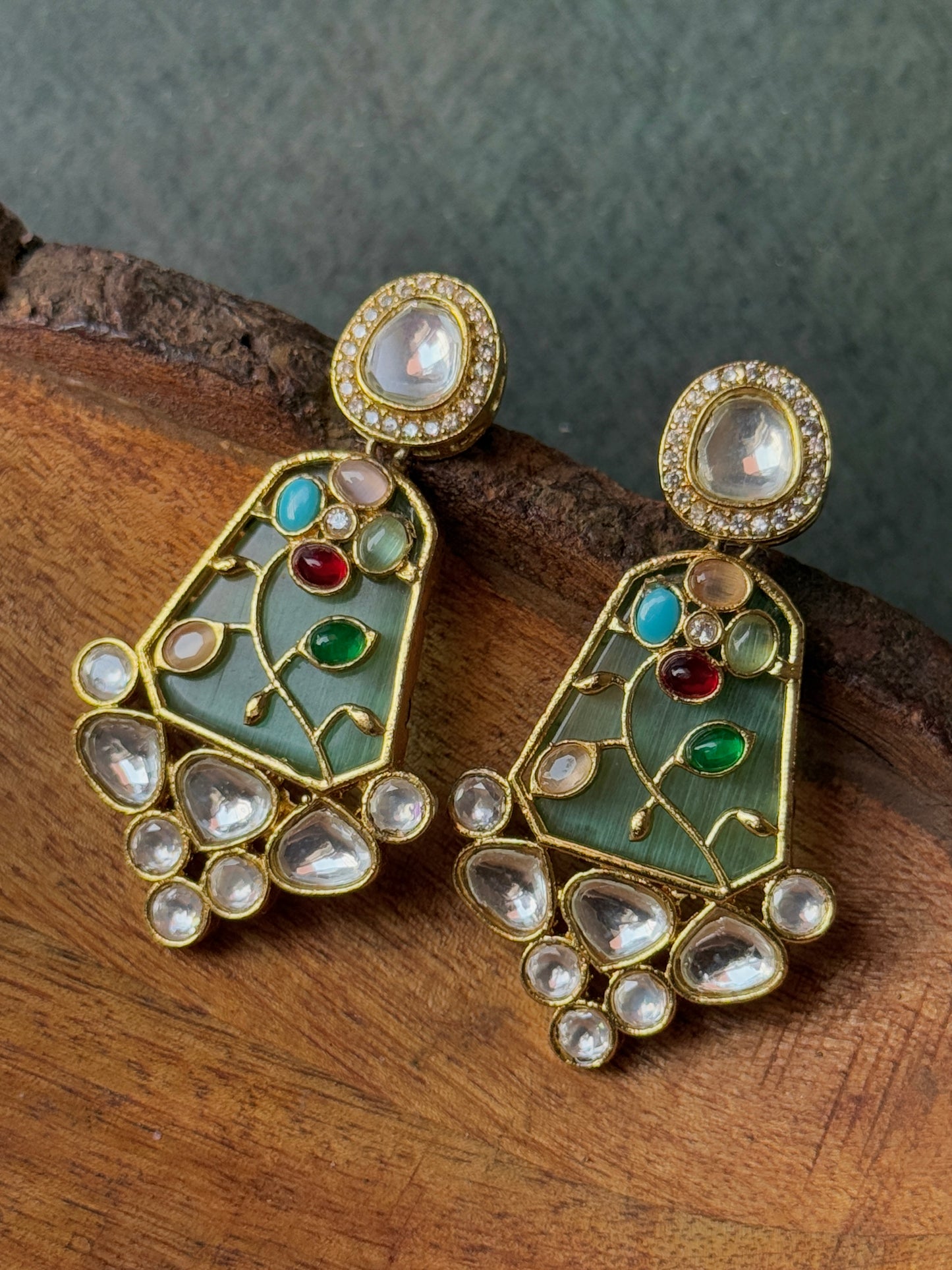 Monzonite Stone Embedded Golden Earrings for Women