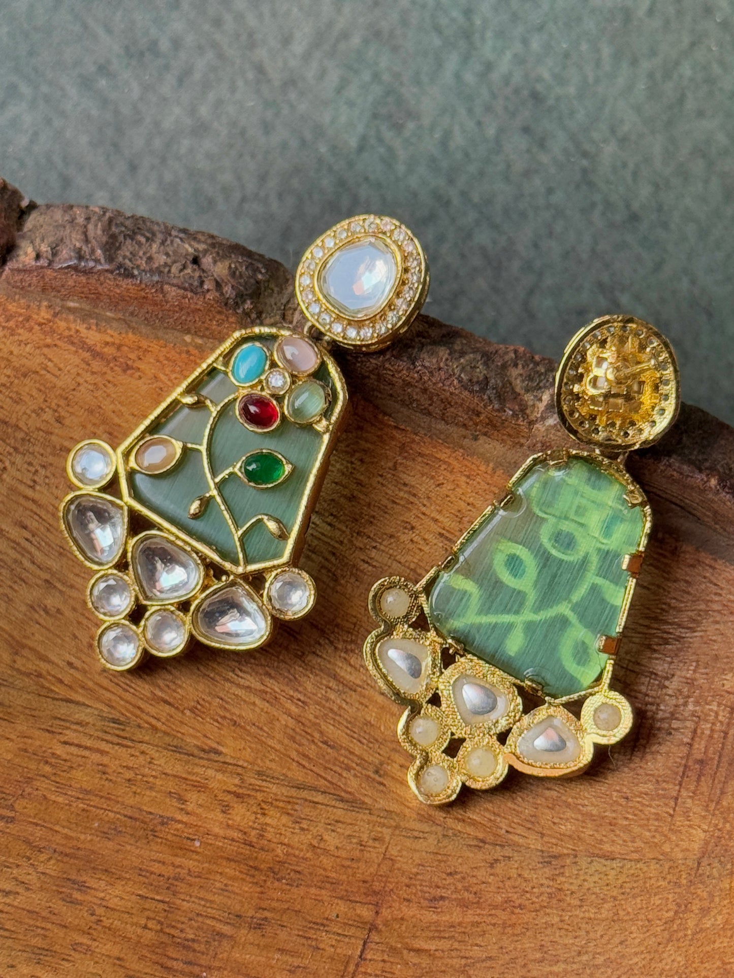 Monzonite Stone Embedded Golden Earrings for Women