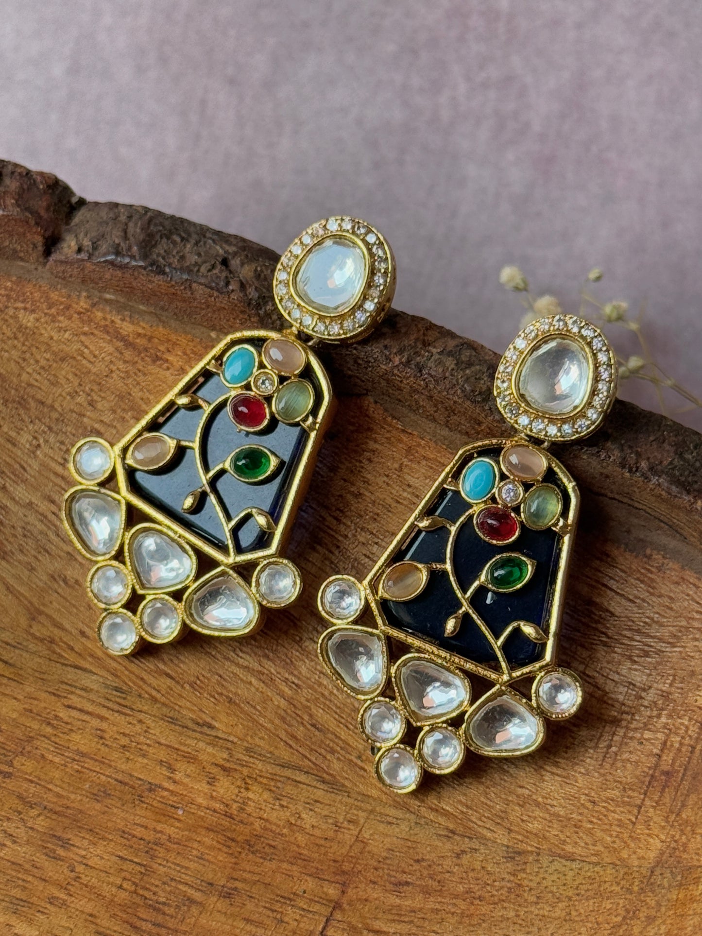 Monzonite Stone Embedded Golden Earrings for Women