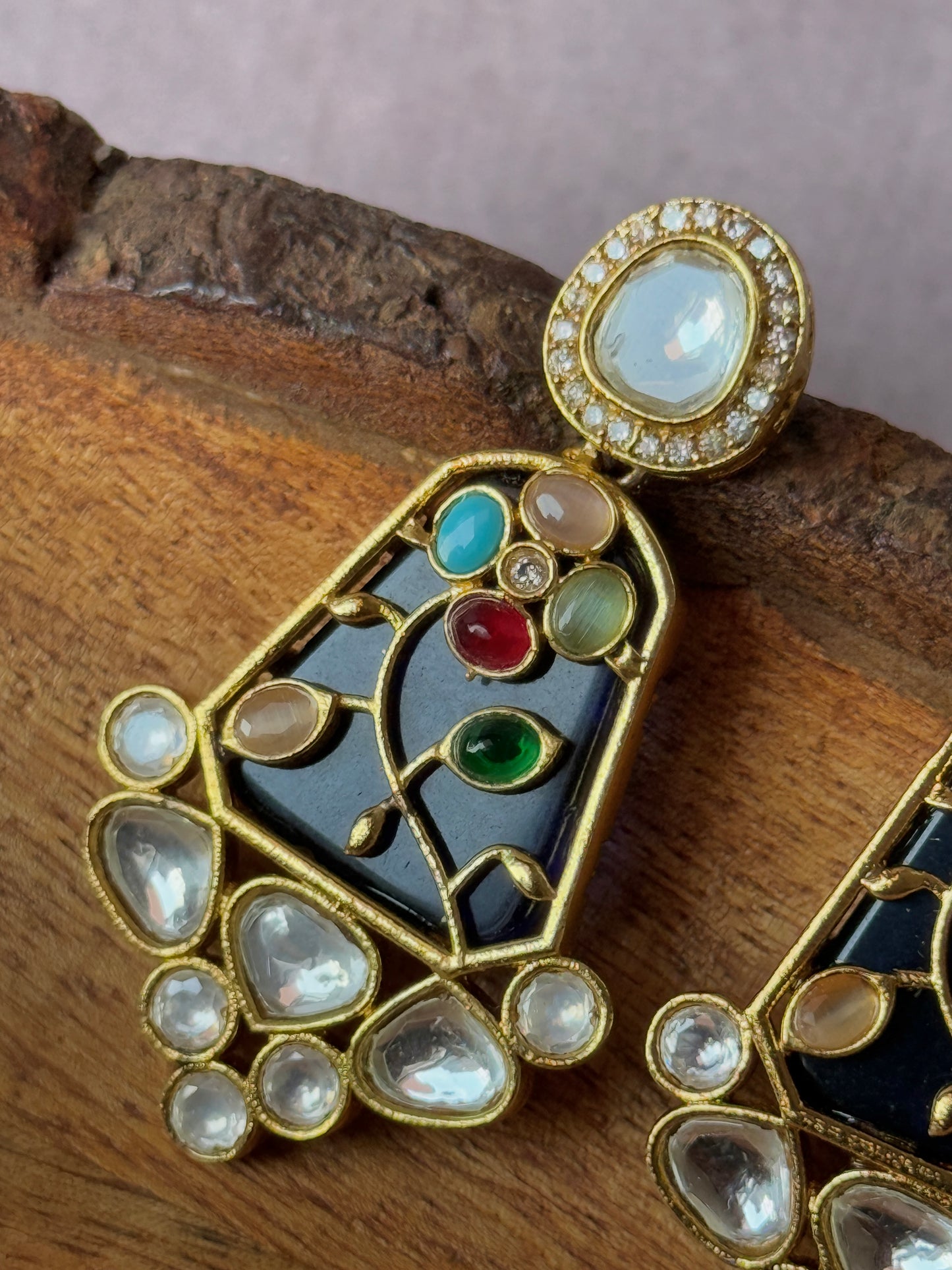 Monzonite Stone Embedded Golden Earrings for Women