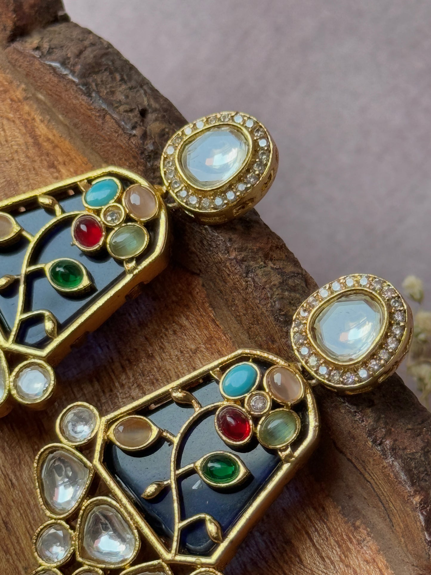 Monzonite Stone Embedded Golden Earrings for Women