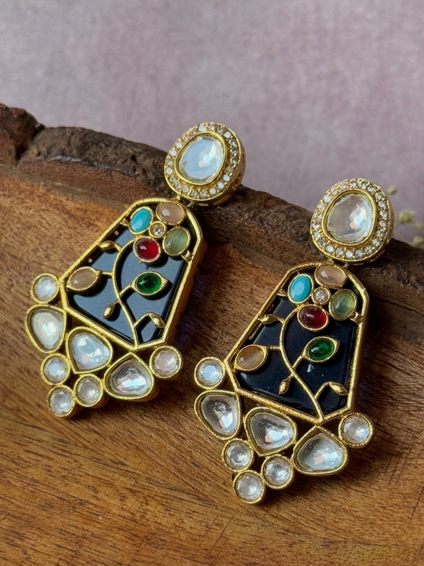 Monzonite Stone Embedded Golden Earrings for Women