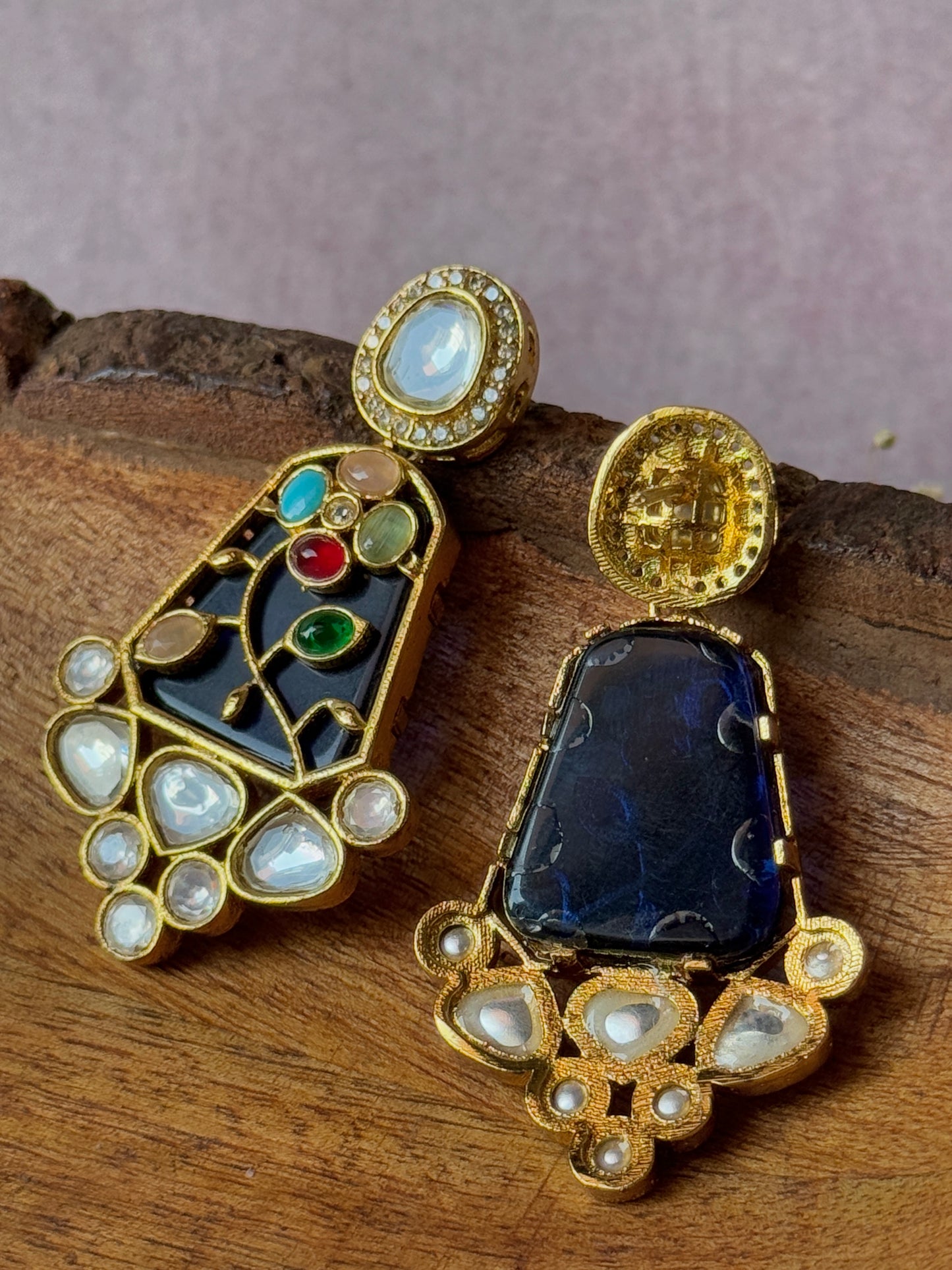 Monzonite Stone Embedded Golden Earrings for Women