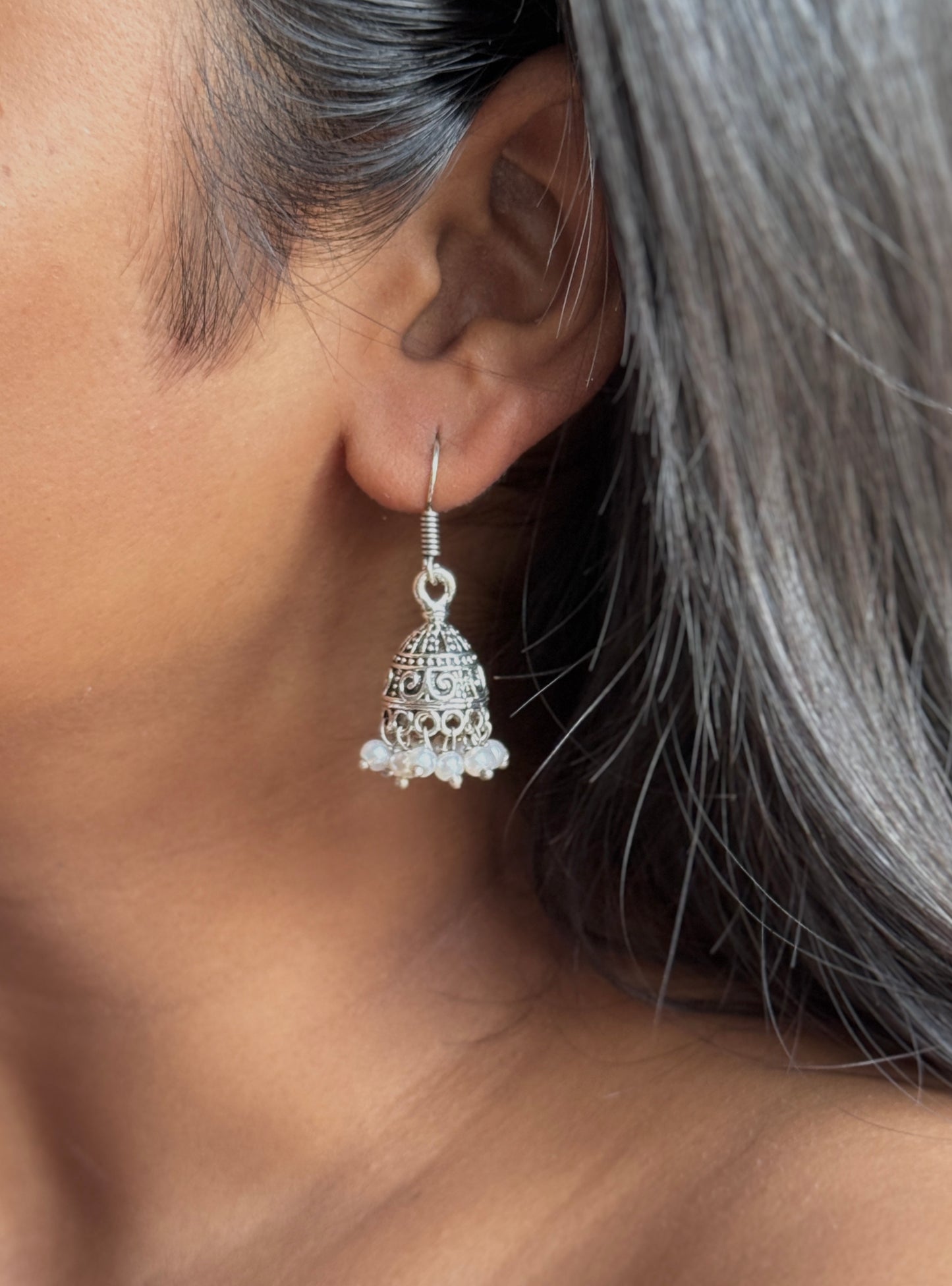 Silver Lookalike Small Jhumka with Embedded Pearls