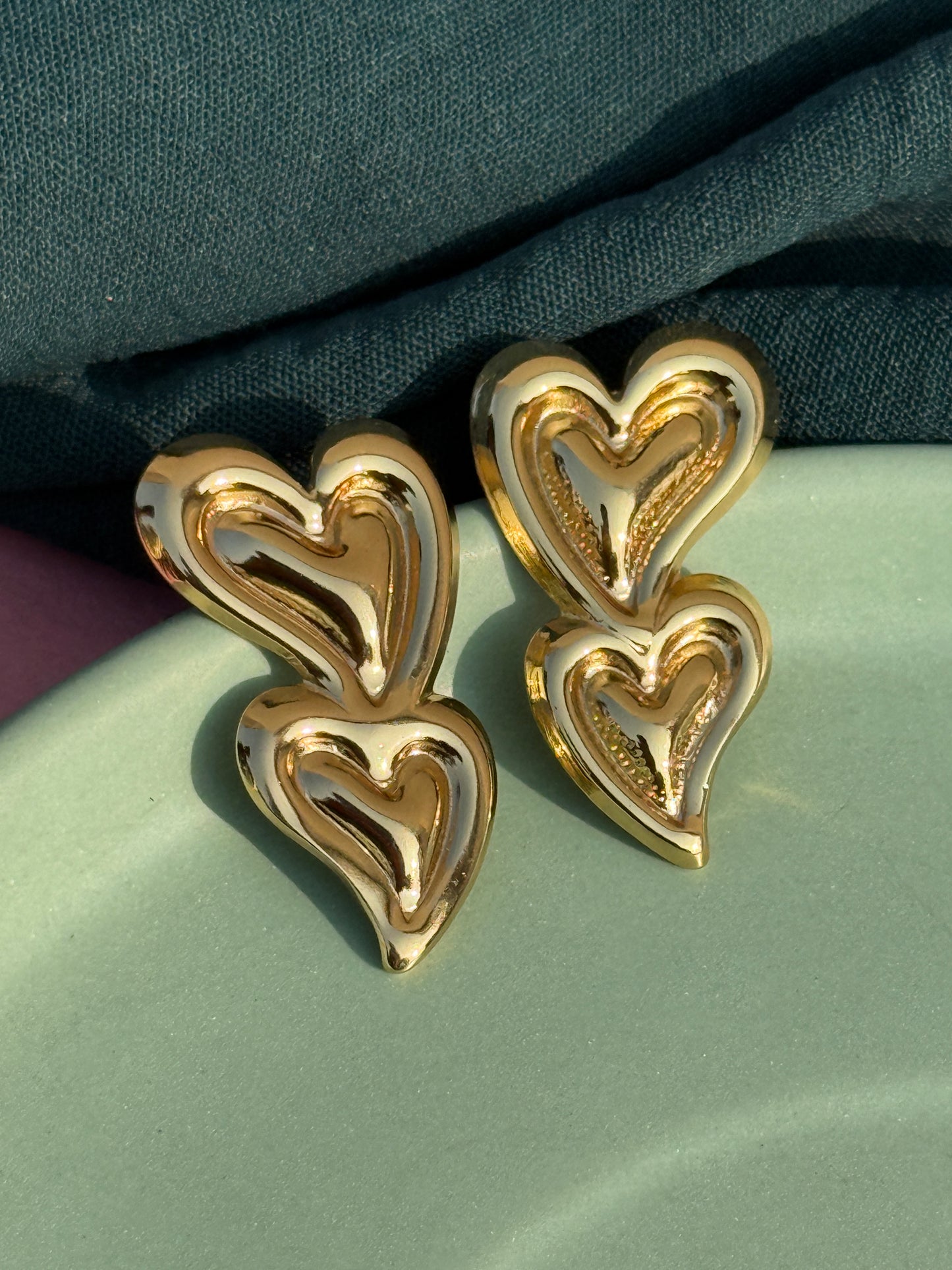 Dual Heart Anti-Tarnish Golden Earrings