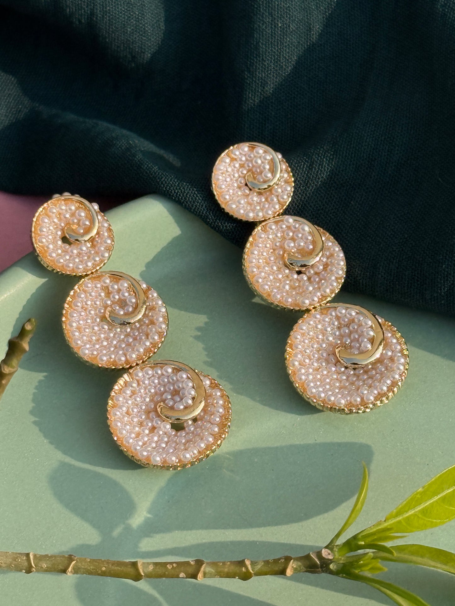 Three-Layered Circular Pearl Embedded Statement Earrings