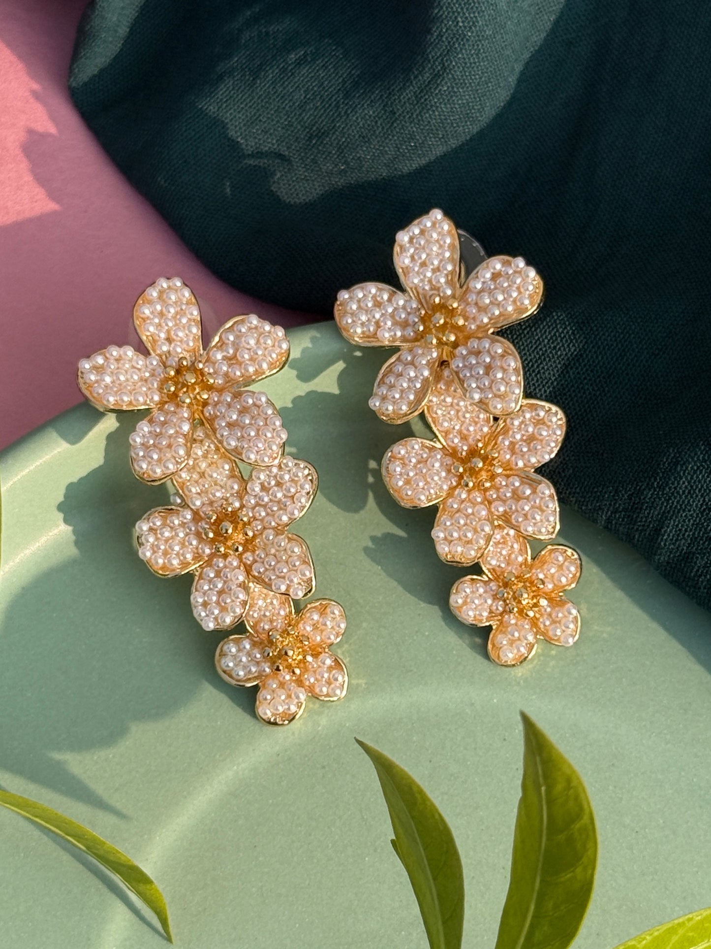 Three-Layered Floral Pearl Embedded Statement Earrings