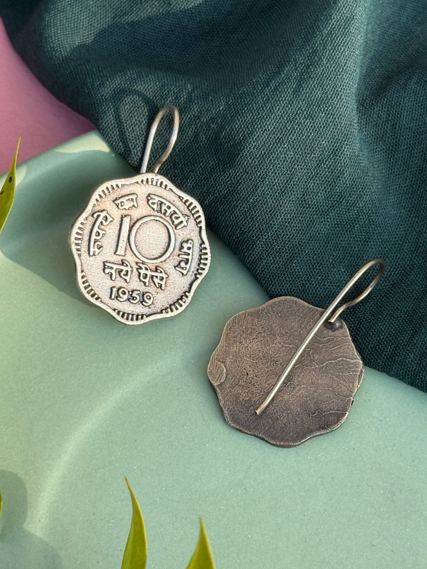 Vintage Oxidised Silver 10 Paisa Coin Earrings