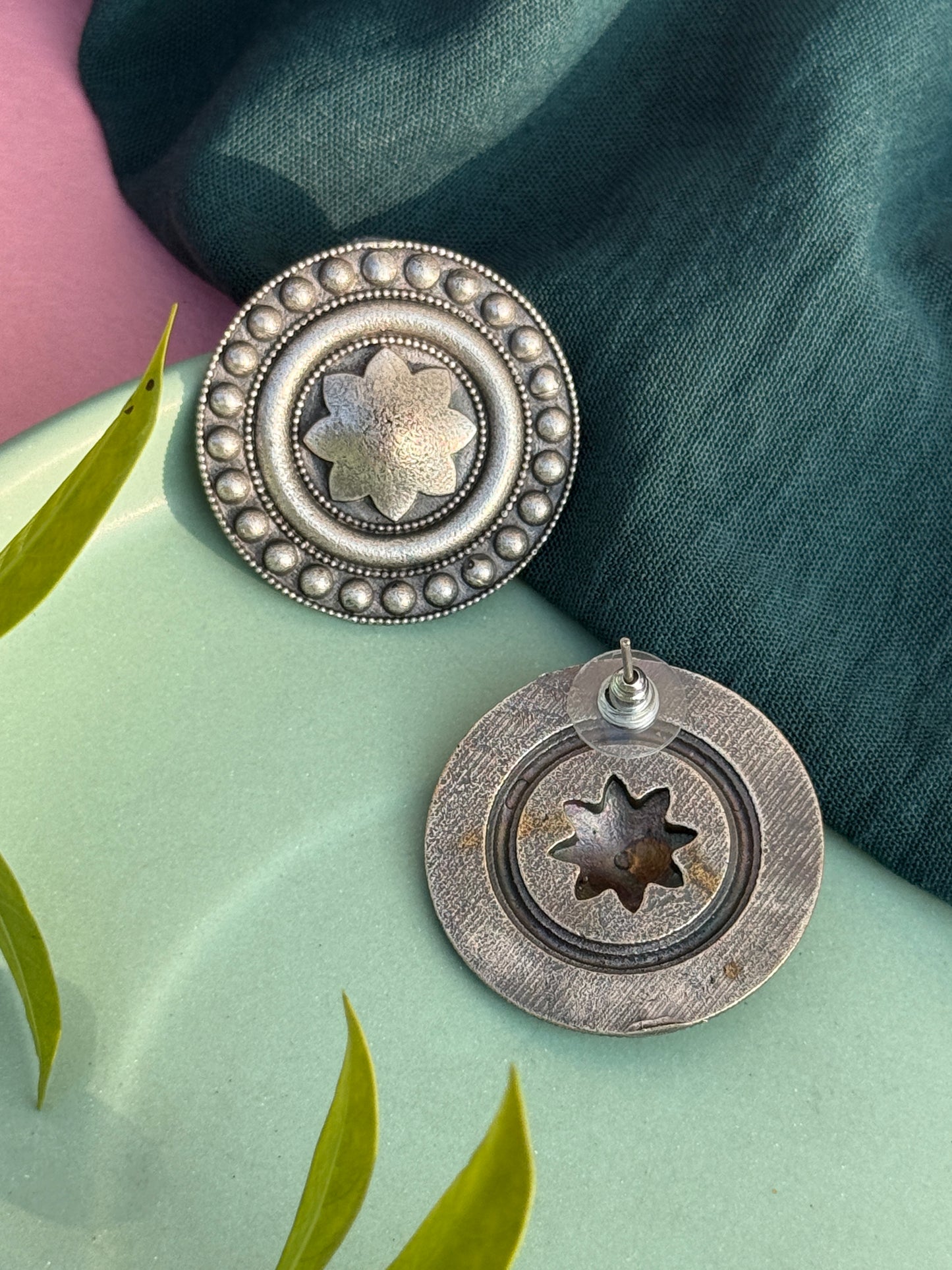 Silver Replica Round Leaf Embedded Stud Earrings