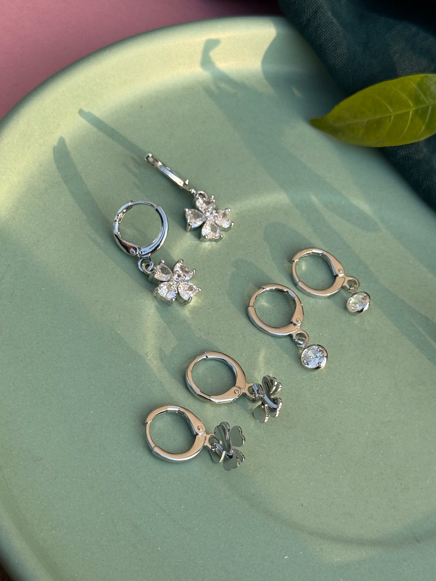 Set of 3 Charms Silver Earrings – Anti-Tarnish (Clover Leaf, Flower & Stone)