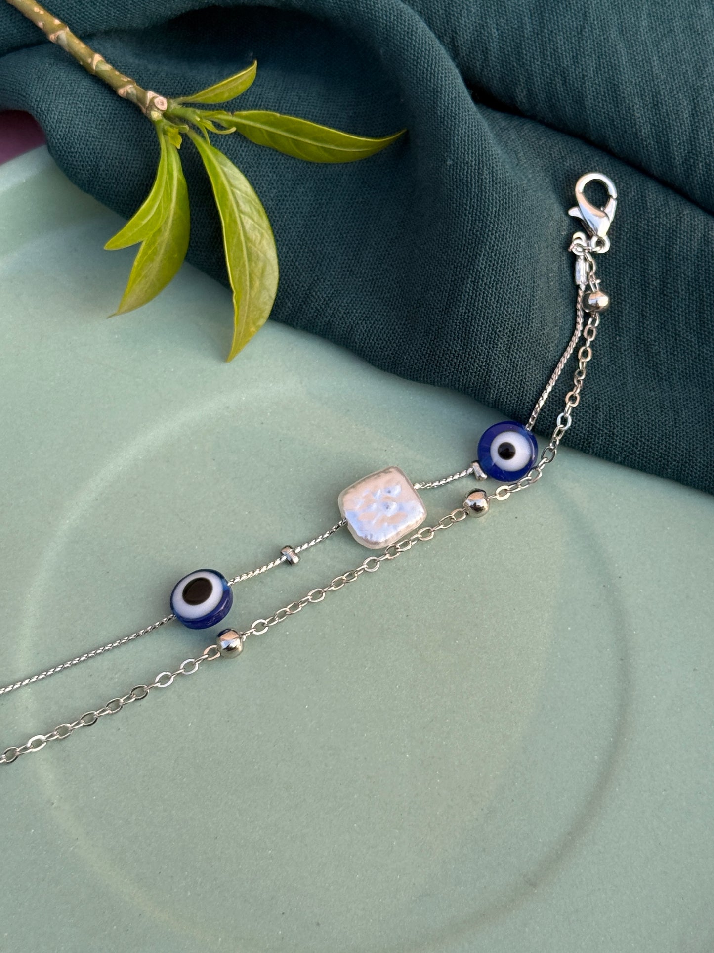 Dual Chain Evil Eye Charms Silver Anklet