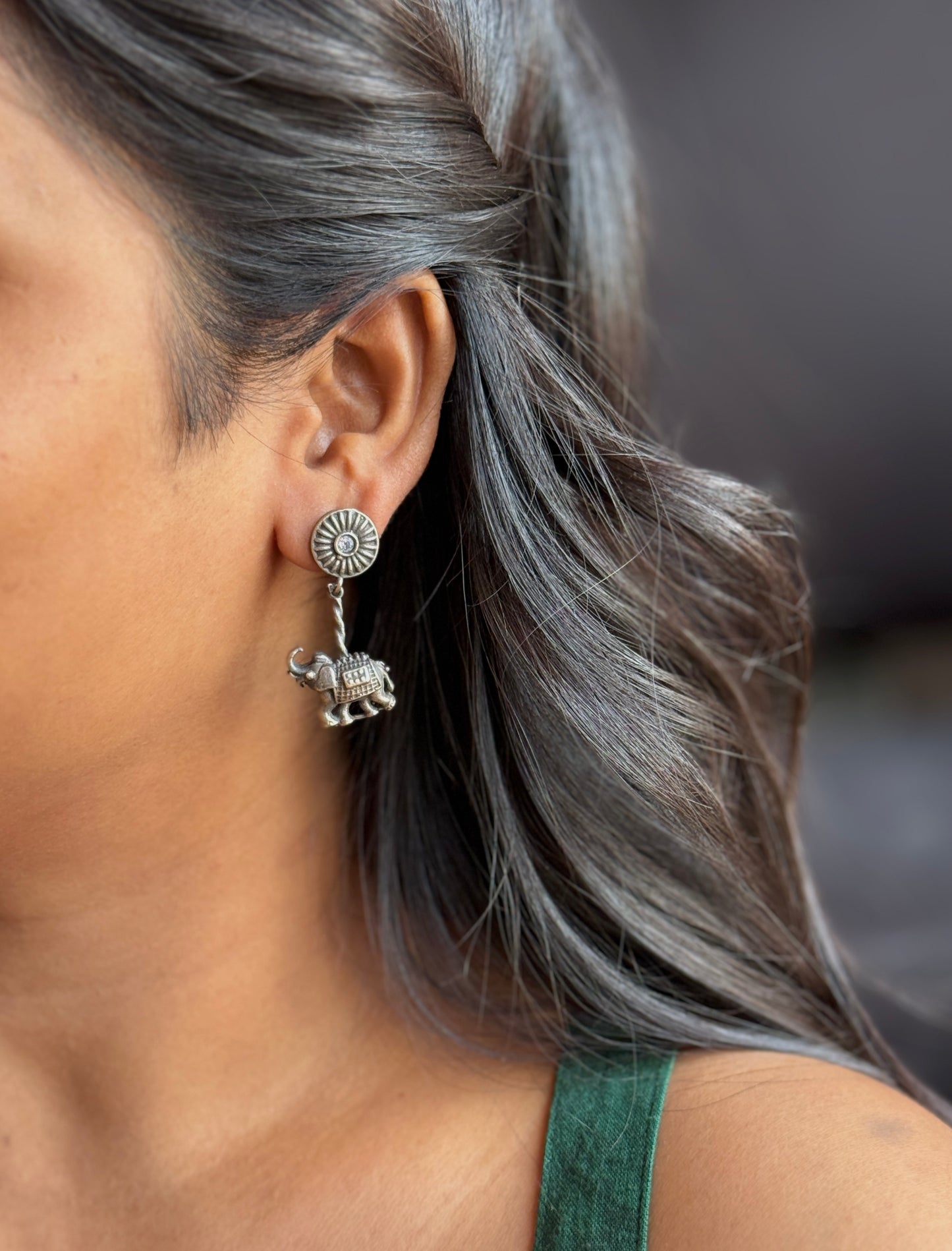 Oxidised Silver Elephant Earrings | Tribal Stud Drop Earrings