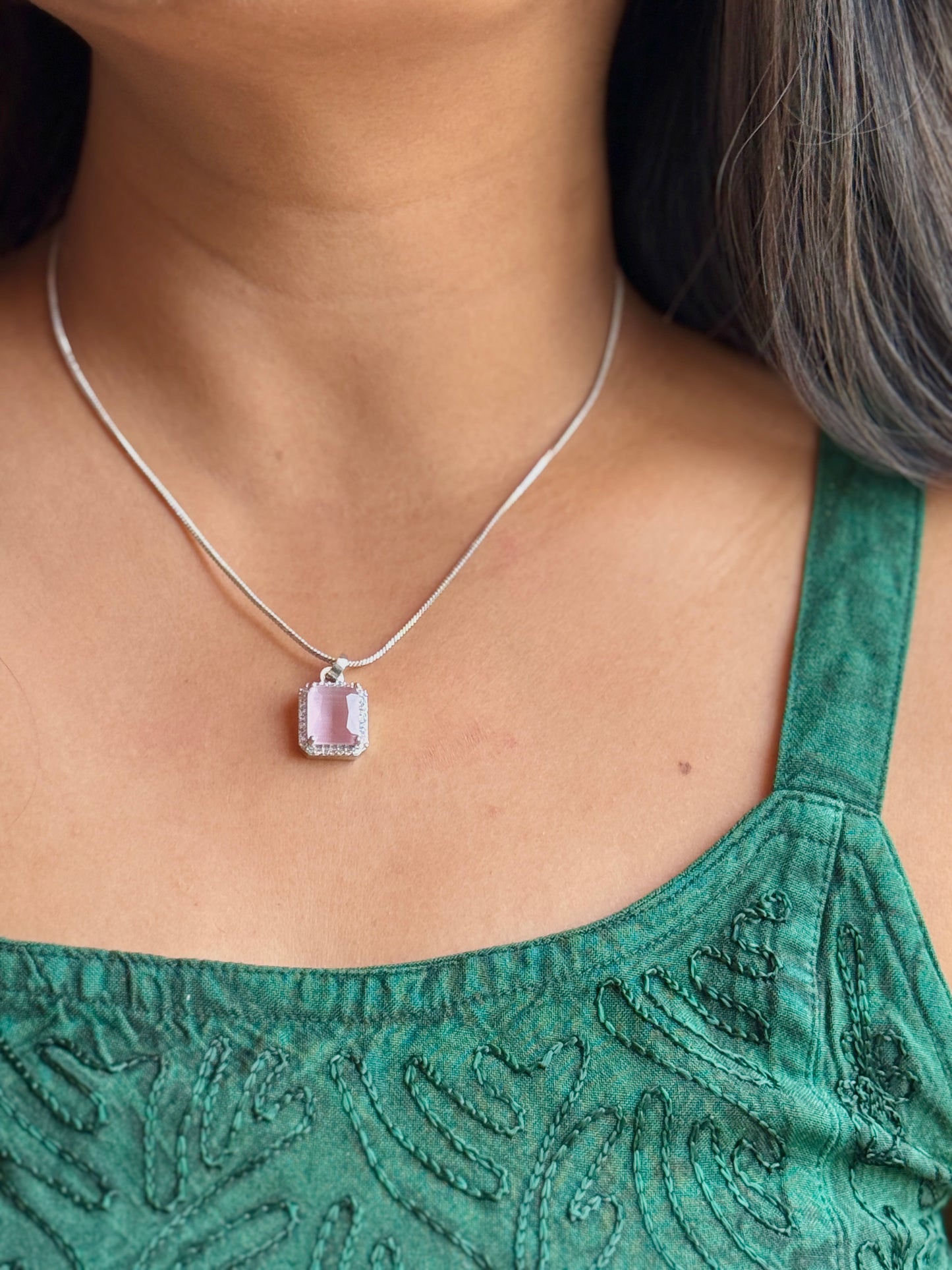 AD Stone Pendant Earrings Set | American Diamond Square Jewellery Set