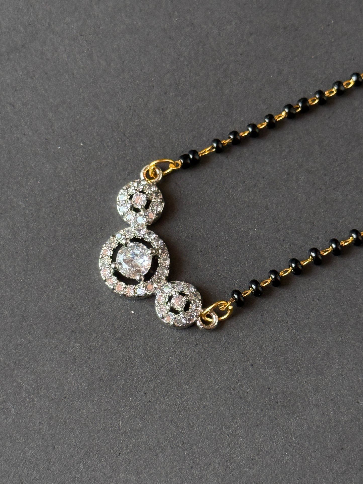 AD Stone Triple Circle Mangalsutra — Modern Diamond-Look Black Bead Chain for Daily Wear