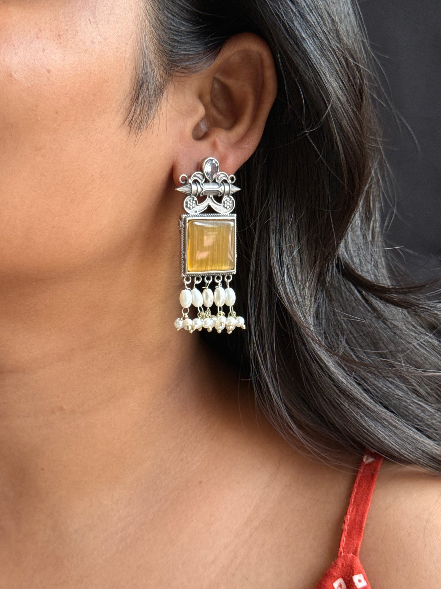 Oxidised Stone-Embedded Statement Earrings