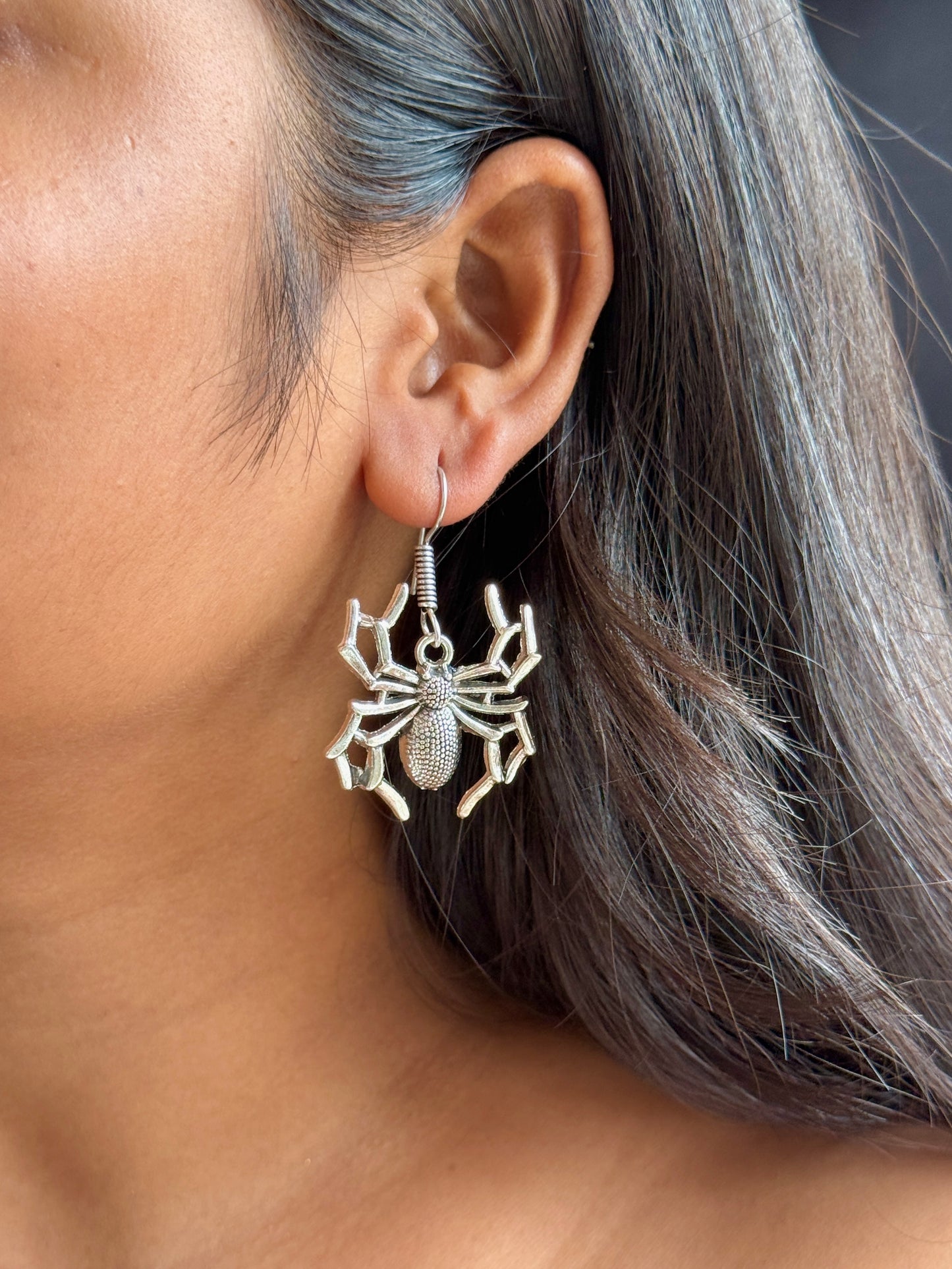 Spider Charm Silver Replica Hook Earrings