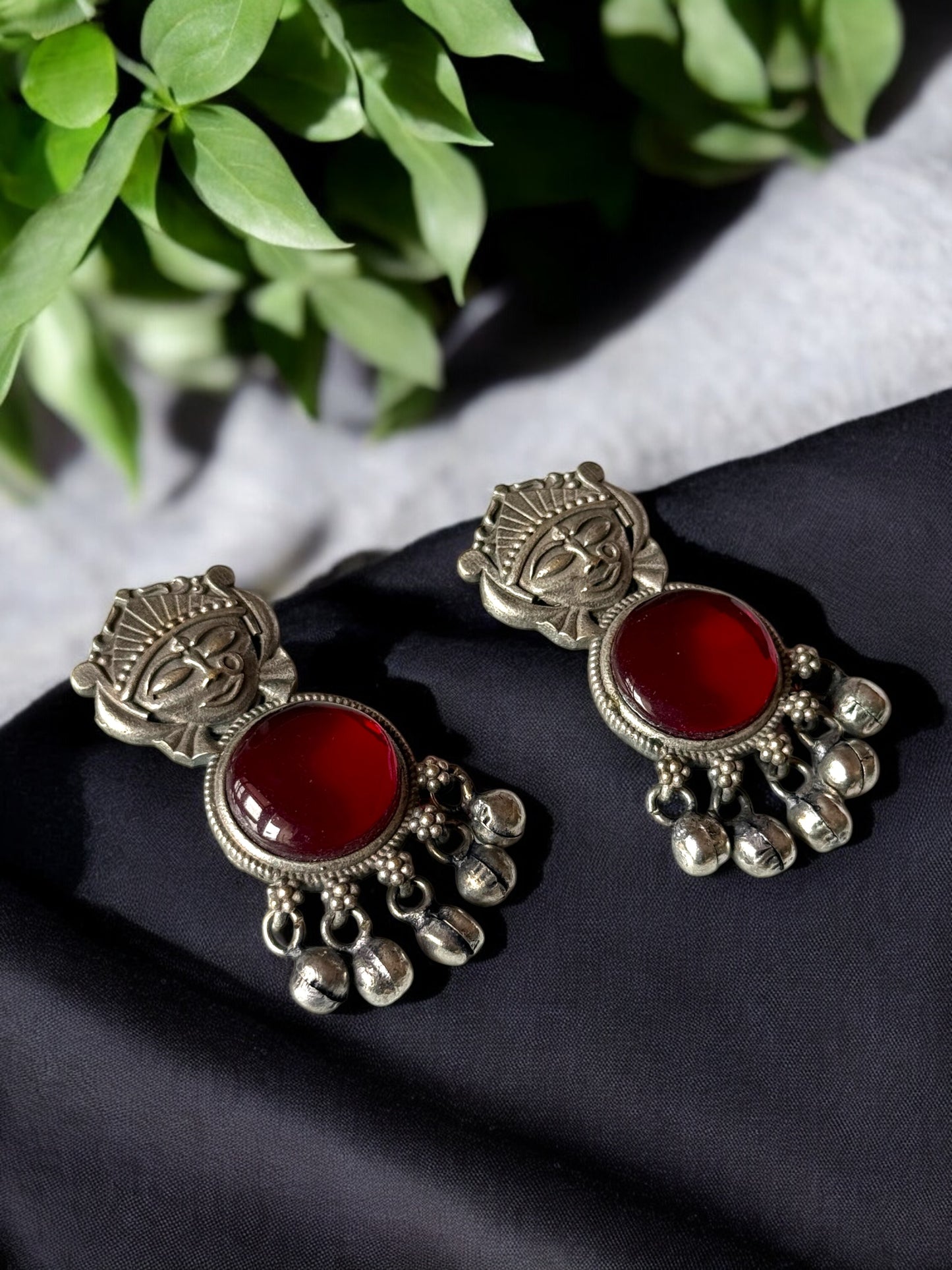 Silver Lookalike Silk Stone Embedded Face Earrings