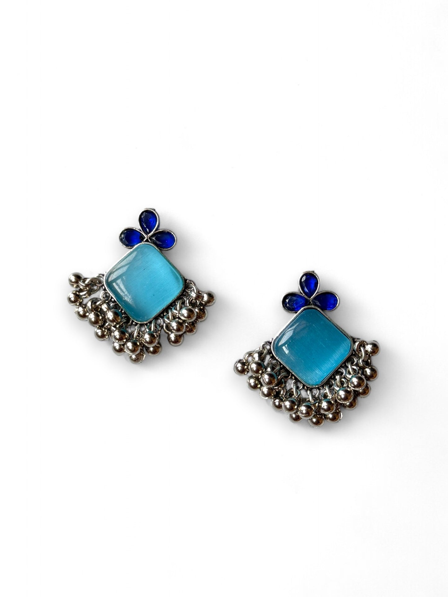 Elegant Blue Monalisa Stone Brass Earrings