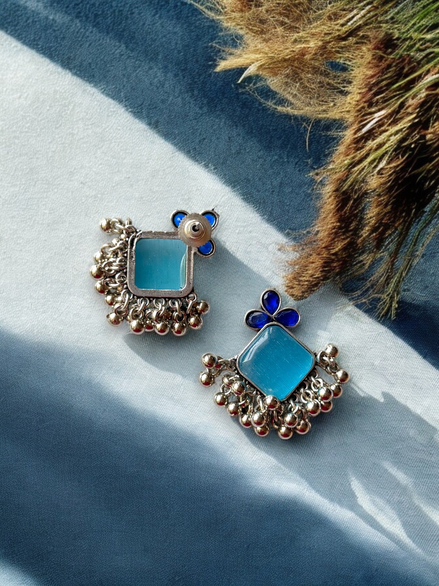 Elegant Blue Monalisa Stone Brass Earrings