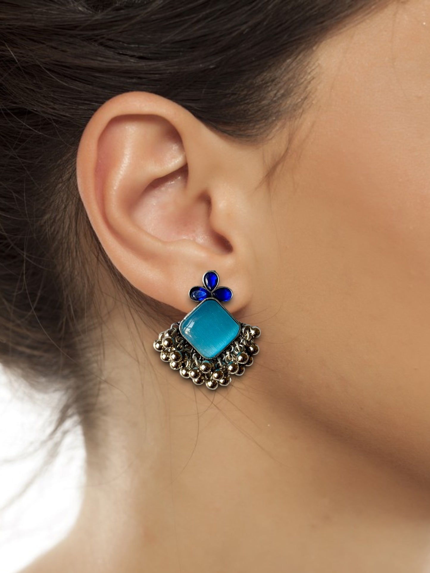 Elegant Blue Monalisa Stone Brass Earrings