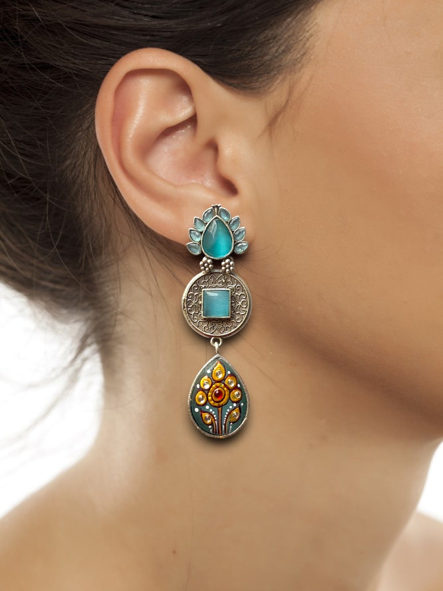 Hand-Painted Dangling Earrings with Monalisa Stone