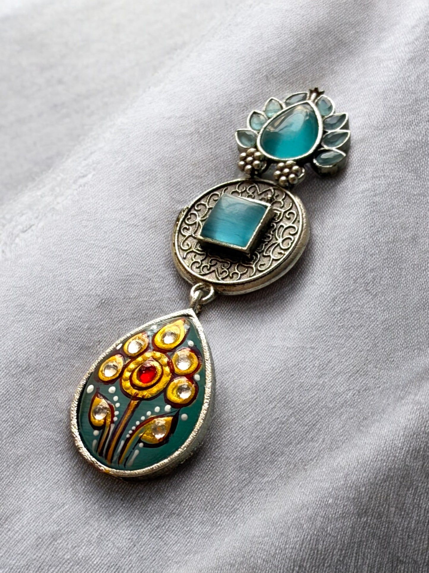 Hand-Painted Dangling Earrings with Monalisa Stone