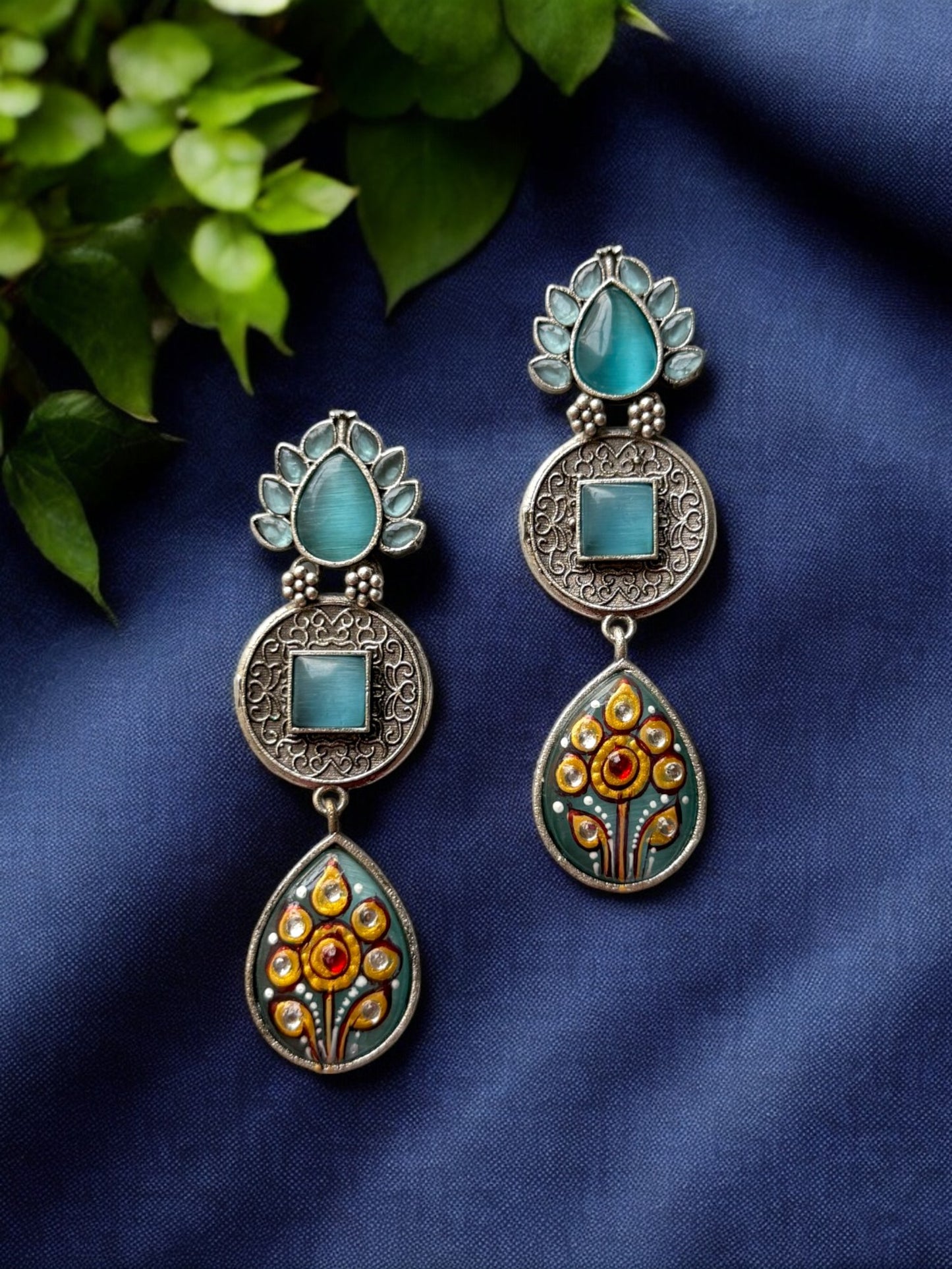 Hand-Painted Dangling Earrings with Monalisa Stone