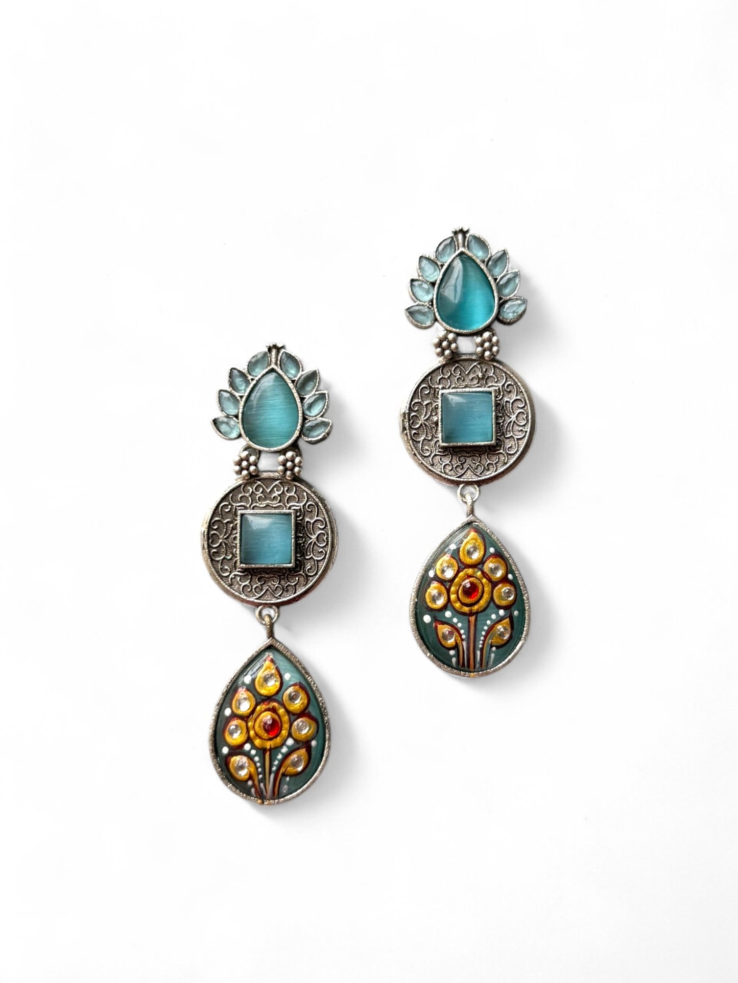 Hand-Painted Dangling Earrings with Monalisa Stone