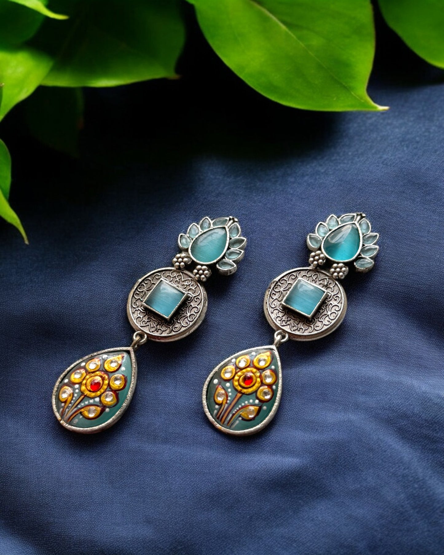 Hand-Painted Dangling Earrings with Monalisa Stone
