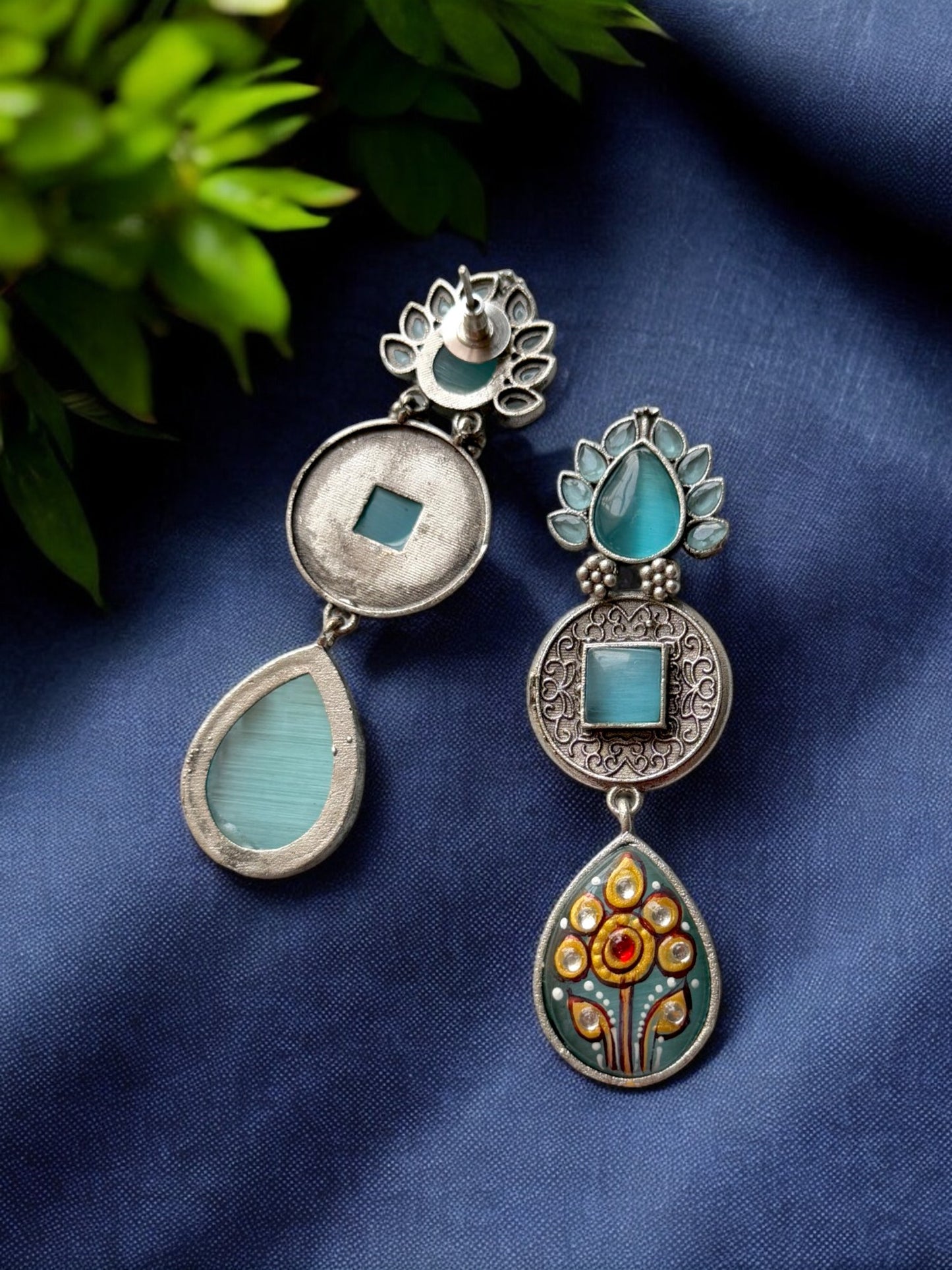 Hand-Painted Dangling Earrings with Monalisa Stone
