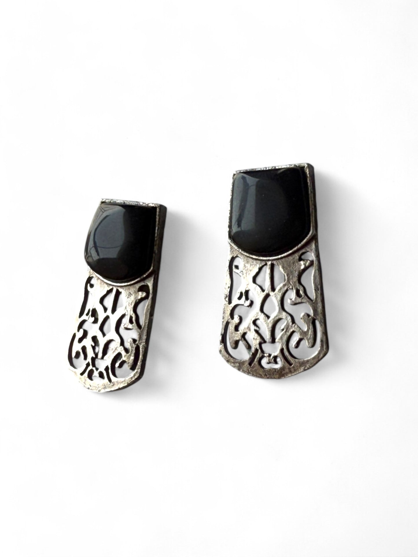 German Silver Black Stone Embedded Statement Earrings