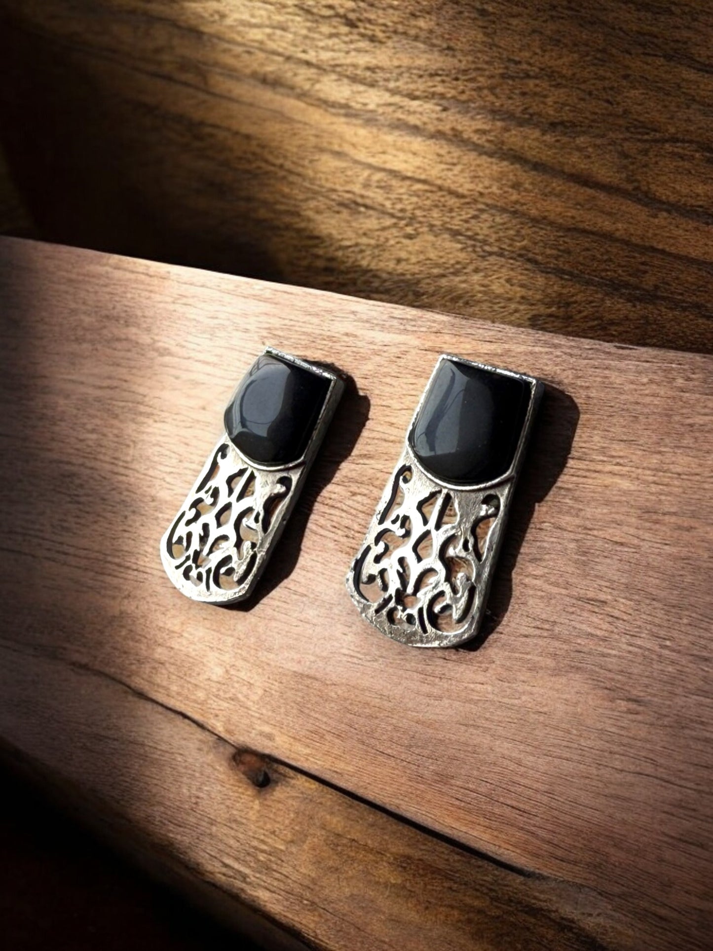 German Silver Black Stone Embedded Statement Earrings