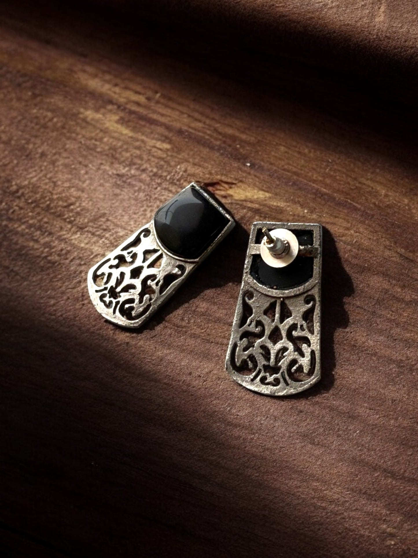 German Silver Black Stone Embedded Statement Earrings