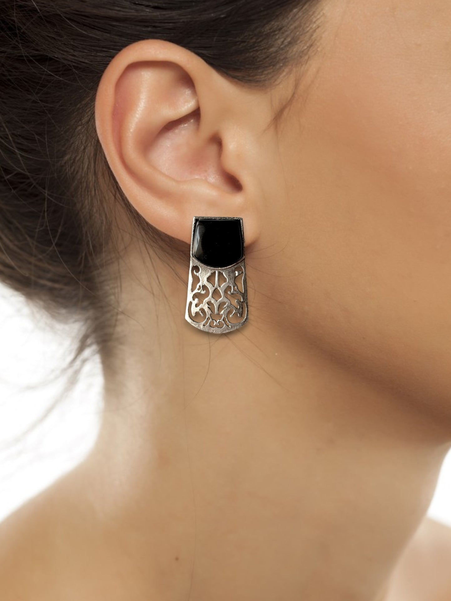 German Silver Black Stone Embedded Statement Earrings