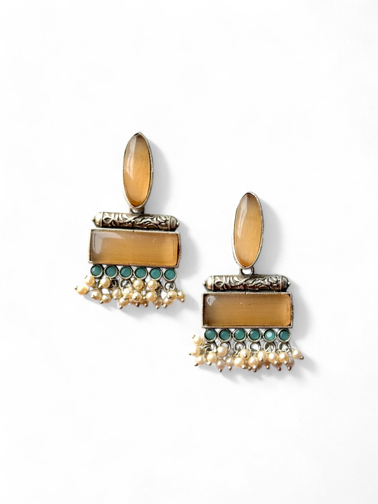Dual Monalisa Stone Earrings with Dangling Pearls