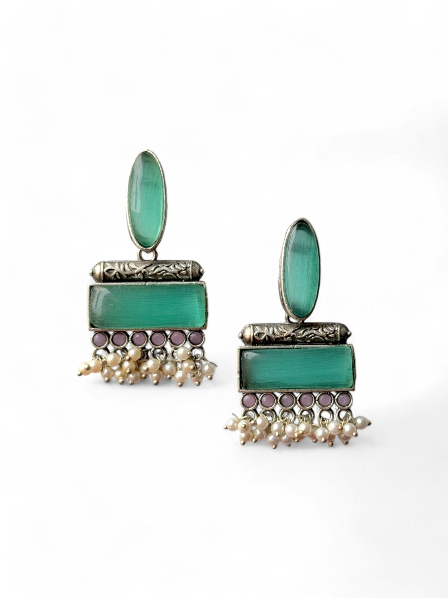 Dual Monalisa Stone Earrings with Dangling Pearls