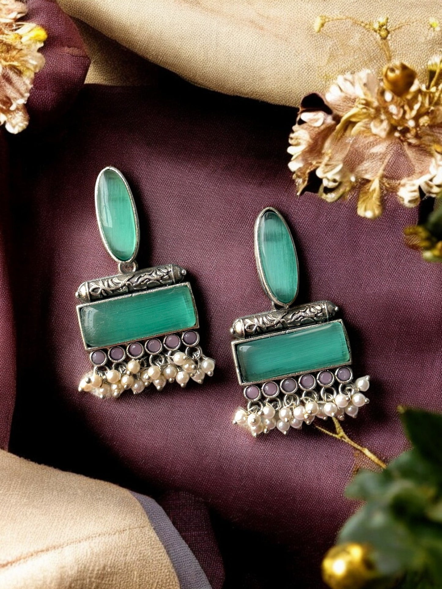 Dual Monalisa Stone Earrings with Dangling Pearls