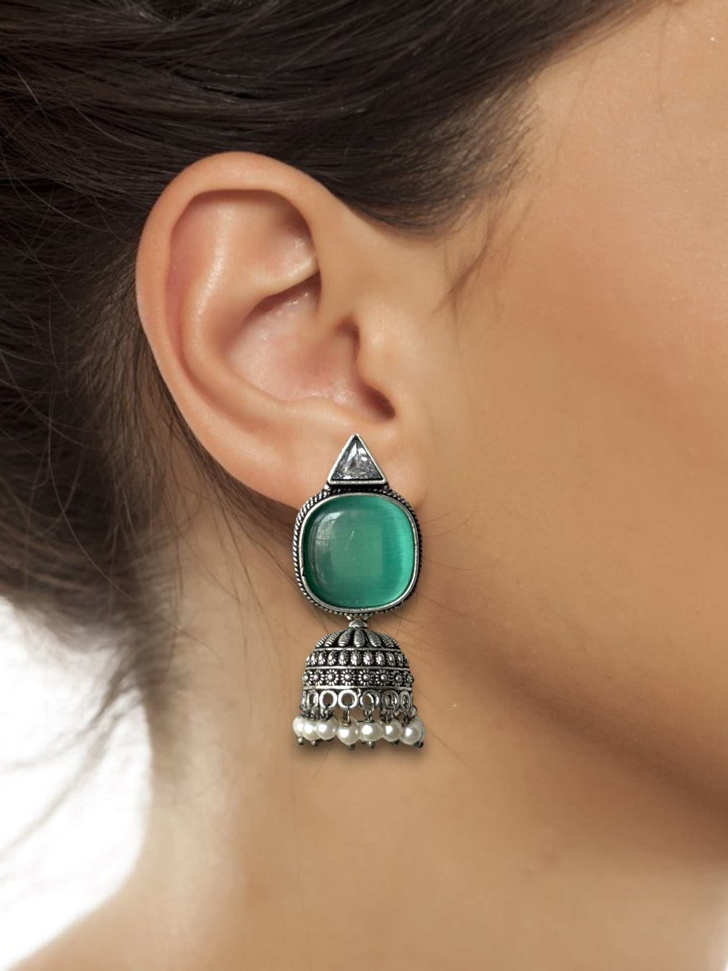 Silver-Plated Oxidised Jhumka with Artificial Stones & Beads