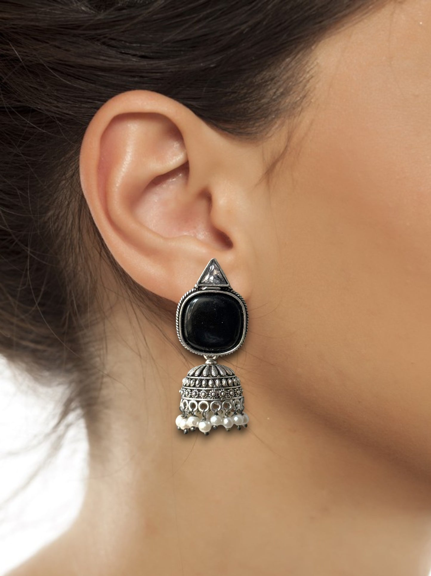 Silver-Plated Oxidised Jhumka with Artificial Stones & Beads