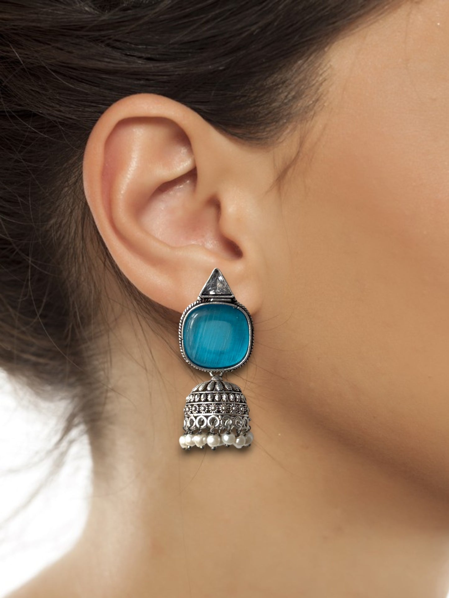 Silver-Plated Oxidised Jhumka with Artificial Stones & Beads