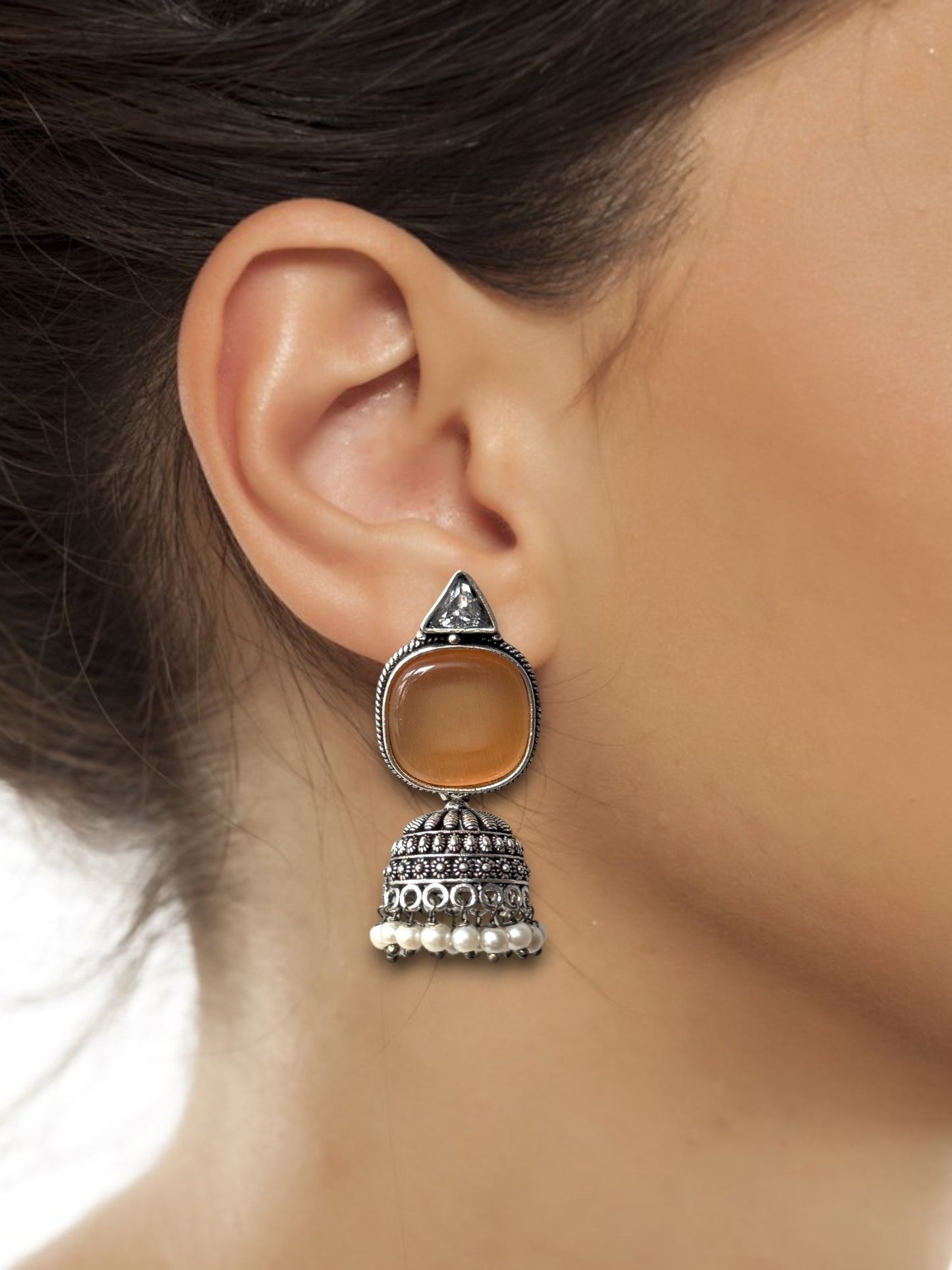 Silver-Plated Oxidised Jhumka with Artificial Stones & Beads