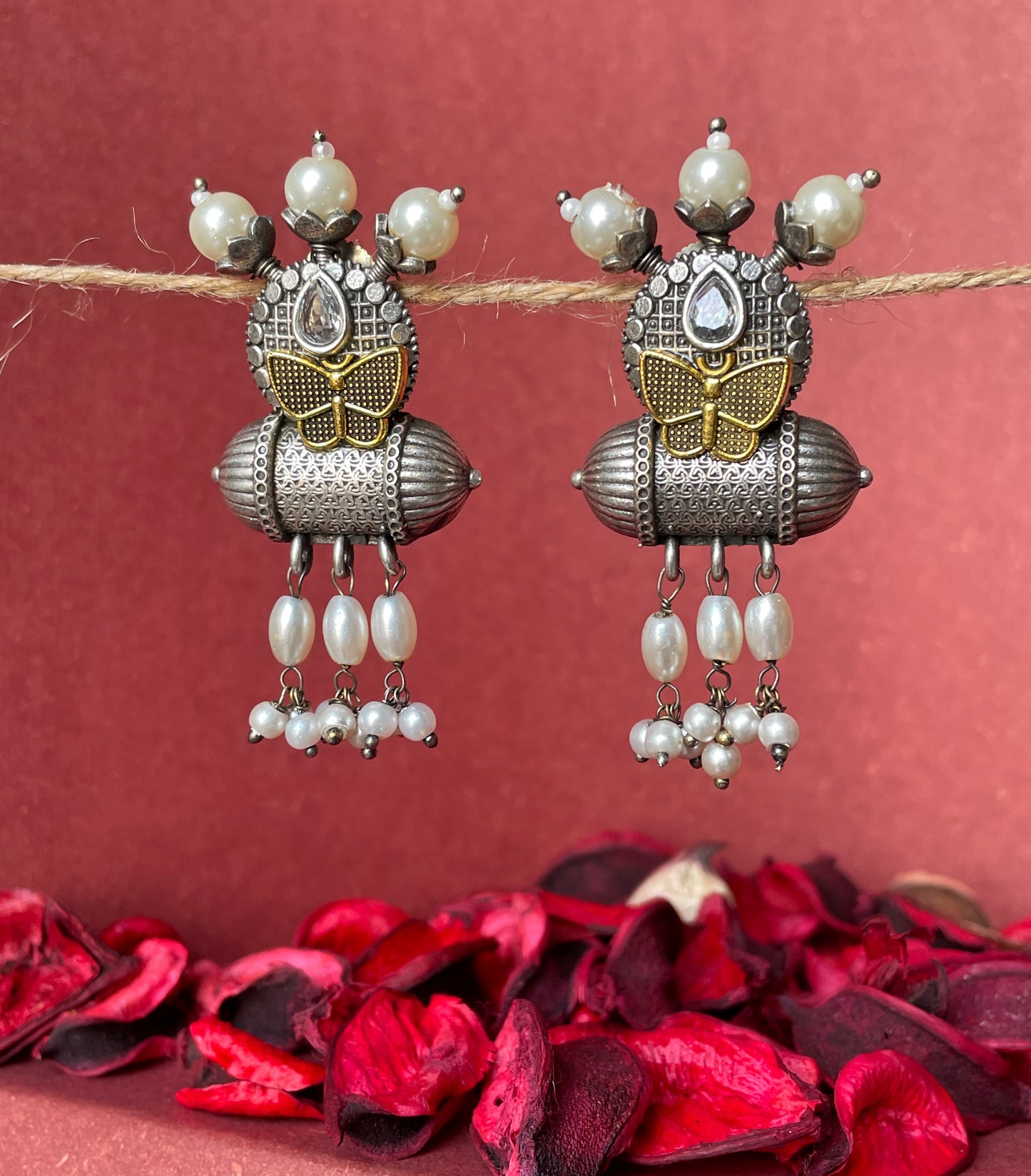 Butterfly Silver-Plated Drop Earrings with Pearl